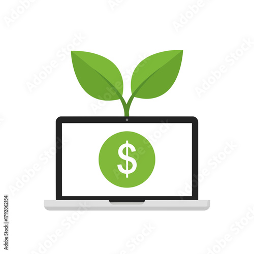 Laptop displaying a dollar sign within a green circle, with a plant growing from it, symbolizing financial growth