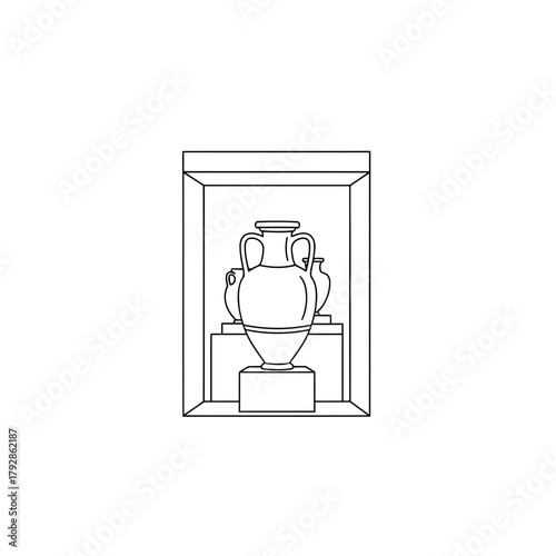 Outline drawing of ancient amphorae displayed in a museum exhibit case