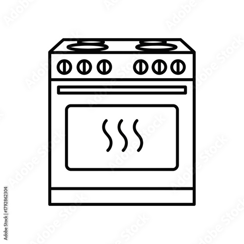 A black and white outline icon of a kitchen stove with four burners on top and an oven with heat waves emanating from it