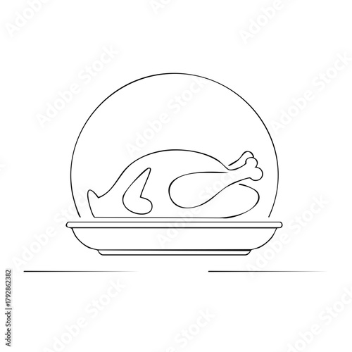Minimalist line art illustration of a whole roasted chicken on a platter
