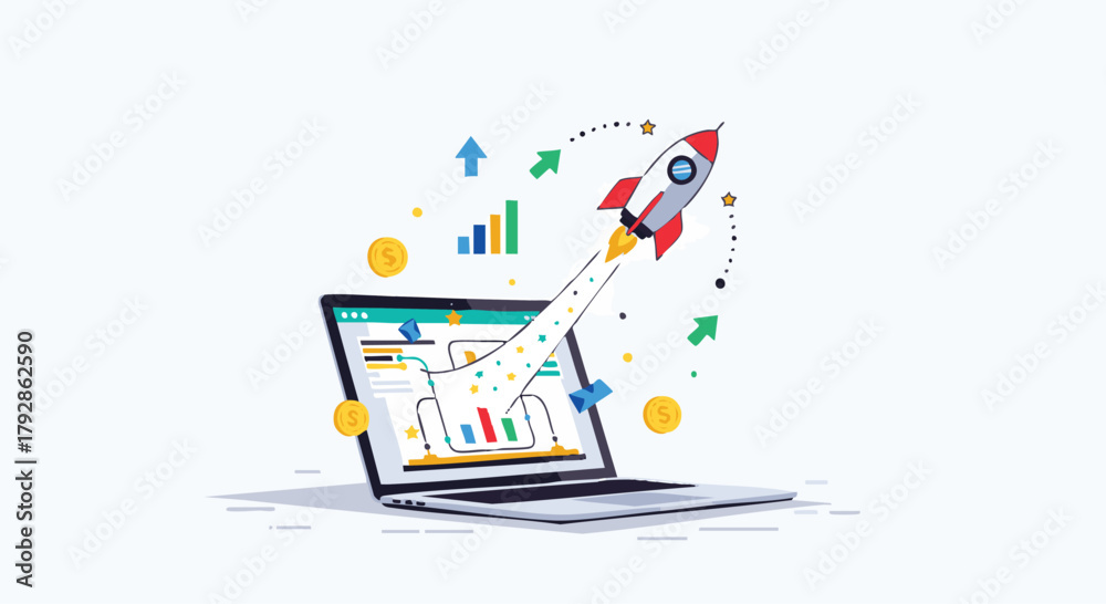 Obraz premium Business Vector Illustration with Rocket Launching from Laptop Screen for Startup Success Modern Graphic