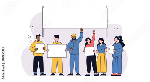 A group of diverse people holding blank signs and banners standing together for a cause.