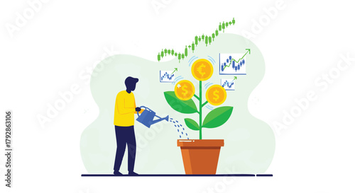 Illustration Vector showing Investment Growth and Financial Success with Euro and Dollar Coins on Plant Modern Concept