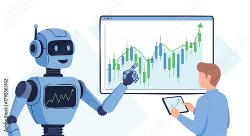 Illustration of Robot and Investor Analyzing Stock Market Data in Modern Design