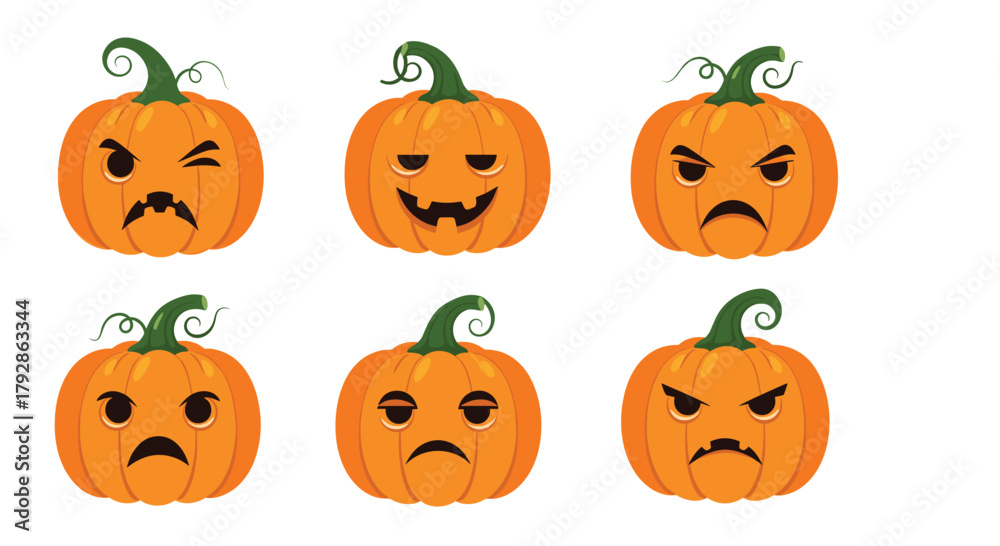 Fototapeta premium A collection of six different carved pumpkins displaying various emotions on their faces for Halloween.