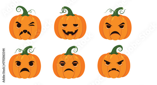 A collection of six different carved pumpkins displaying various emotions on their faces for Halloween.