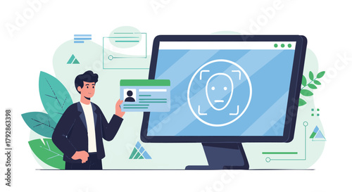 Modern Vector Illustration of Face Recognition Technology with Computer ID Card and Man in Blue and Green