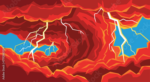 Abstract Vector Background with Red Cloudscape and White Lightning Bolt Illustration in a Modern Style