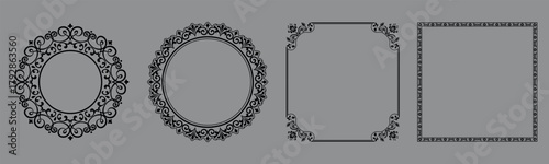 Set of decorative frames Elegant vector element for design in Eastern style, place for text. Floral black and gray borders. Lace illustration for invitations and greeting cards