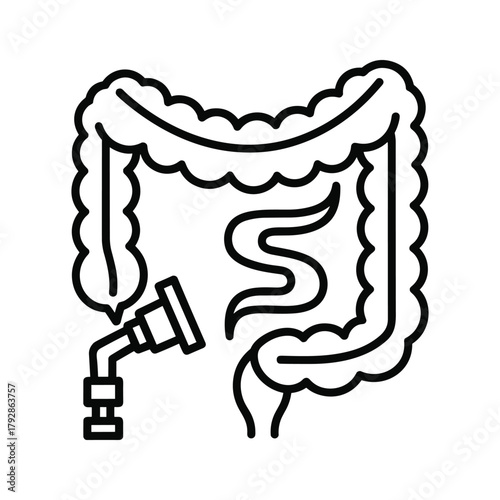 Colonoscopy icon with a flexible endoscope entering the large intestine