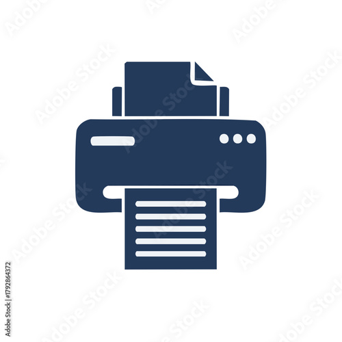 Iconic blue printer with printed paper illustration. Modern office document equipment.