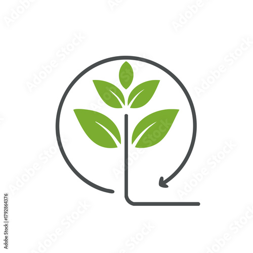 Green plant sprout in circular arrow cycle logo symbol for growth and sustainability