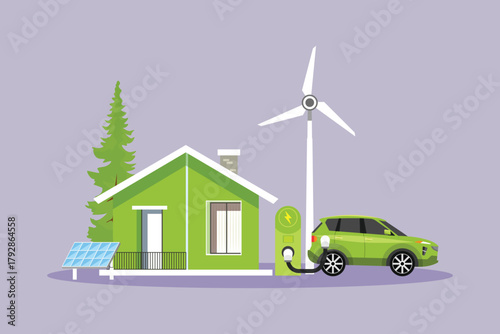 sustainability home electrical efficiency and electric cars. sustainability home concept. colored flat vector illustration isolated
