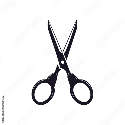 Stylized icon of open scissors with rounded handles and sharp blades