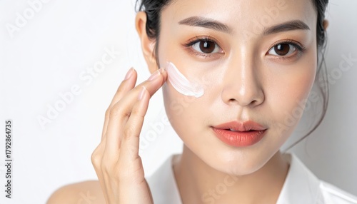 Woman skincare routine applying moisturizer to face detailed close up of woman applying moisturizer to her face highlighting skincare process