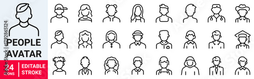 Avatar web line icons. User Icons. Different men and women characters collection. People icons