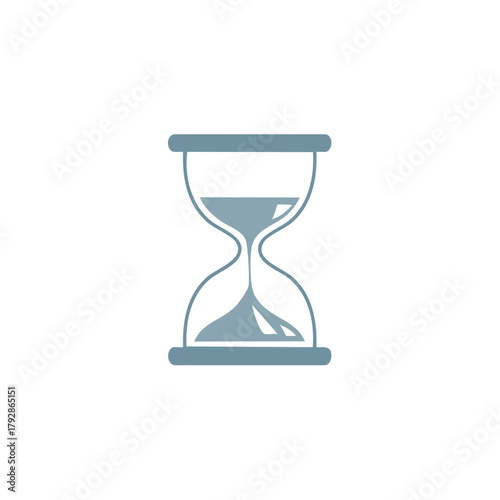 Stylized blue grey hourglass icon depicting sand flowing and the concept of elapsed time