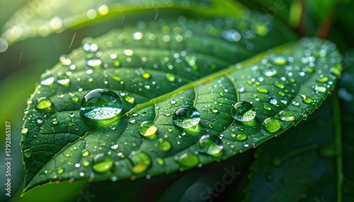 Water drops on green leaves close up of sparkling water drops resting gently on vibrant green leaf surface after rain
