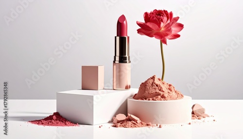 Close up of pink flower and lipstick on clean white surface artistic arrangement