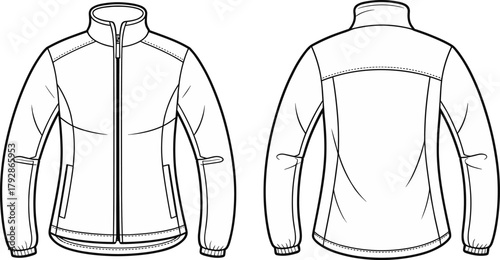 Sport zip-up jacket fashion flat sketch with front and back technical drawing, vector apparel design template for clothing illustration