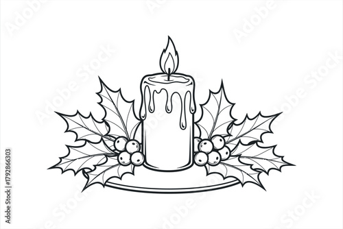 Festive Burning Candle with Holly Leaves