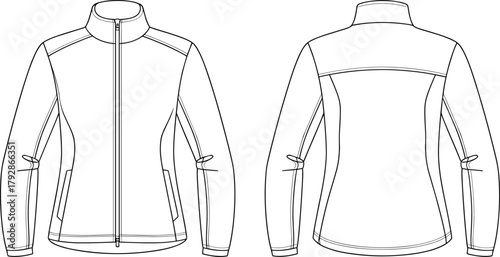 Women’s zip front jacket technical flat sketch with long sleeves and stand collar, fashion apparel vector template front and back view
