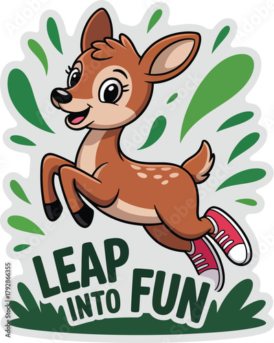 Cartoon deer leaping with sneakers, playful forest animal jumping in joy, children fun illustration, leap into adventure, excitement.