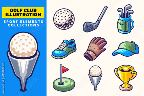 Golf Sport Gear Element Collection. Sport Club with Ball, Shoes, Gloves, Bag, Cap, and Trophy. Set Icon for Sport and Game. Golf Equipment in Cartoon Style