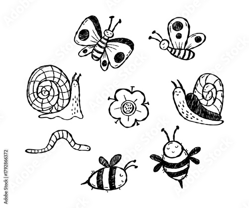 Insects Doodle. Cute Bees, Butterflies, Snails, Worm and Flower collection. Isolated Whimsical Textured hand drawing. Vector illustration. Not AI