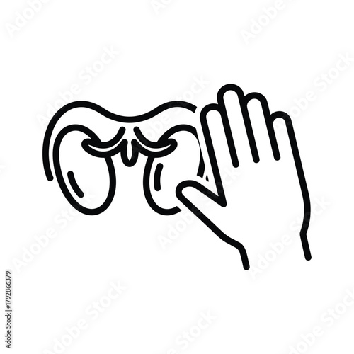 Line art icon of a uterus and ovaries with a hand in front