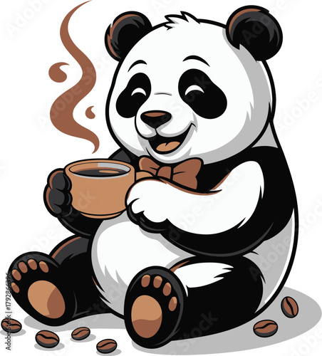 Cute panda drinking hot coffee, happy bear relaxing with cup, cozy morning cartoon illustration, caffeine and comfort concept.