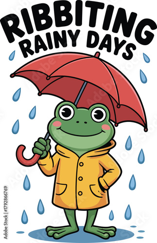 Cute frog in yellow raincoat holding red umbrella, enjoying rainy weather, funny cartoon amphibian illustration for kids.