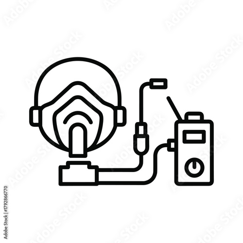 Line art icon of a medical oxygen mask with tubing and a portable device