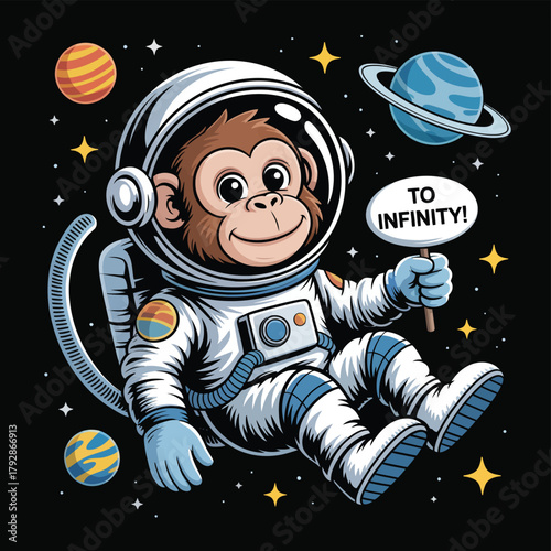 Cute monkey astronaut floating in outer space, holding sign with planets around, fun cosmic cartoon exploration illustration.