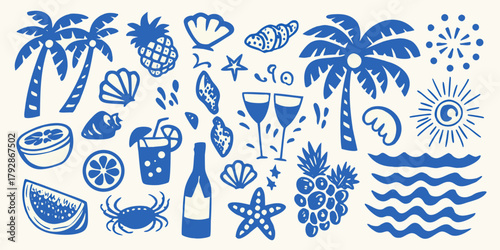 Collection of hand drawn blue summer vacation icons and symbols on a light background