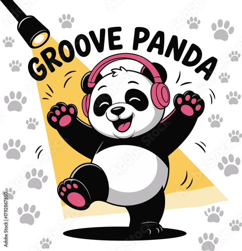 Happy dancing panda with headphones under spotlight, adorable cartoon animal enjoying music and grooving to fun beats.