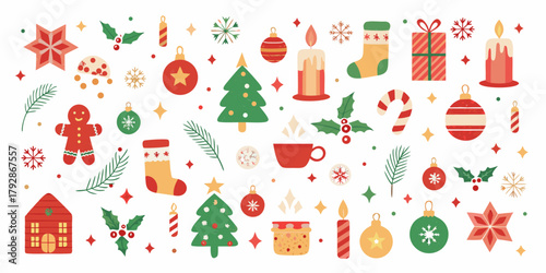 Festive christmas elements collection featuring ornaments trees gifts holly and gingerbread man