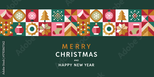Merry christmas and happy new year greeting card with festive geometric ornaments and symbols