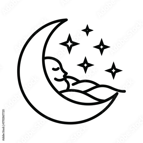 Stylized drawing of a sleeping baby on a crescent moon surrounded by stars
