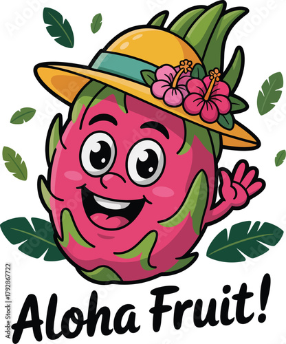 Happy tropical dragon fruit cartoon character wearing a sun hat with flowers waving cheerfully with text Aloha Fruit.