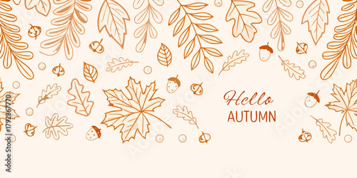 Hand drawn autumn leaves and acorns border with hello autumn text