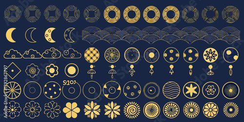 Collection of golden japanese inspired decorative elements and icons on dark blue background