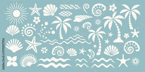Collection of white tropical beach elements including palm trees seashells starfish sun and waves on a blue background