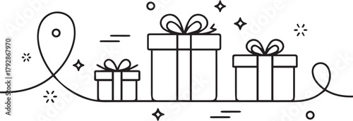 Minimalist outline of festive gift boxes with decorative elements