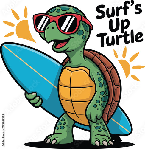 Cool turtle with surfboard wearing sunglasses, fun summer cartoon character ready to catch waves under the sun.