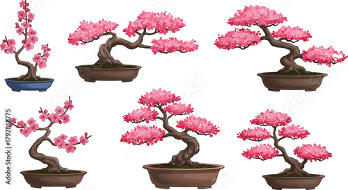 Pink Cherry Blossom Bonsai Tree Clipart – Japanese Floral Illustration Set