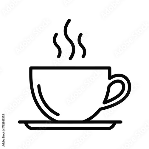 A simple line art icon of a steaming cup of coffee on a saucer