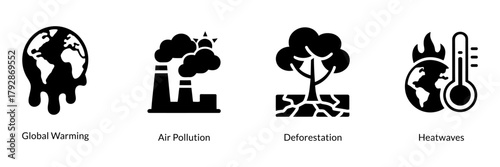 Global warming and climate change icon set representing environmental problems and ecological concerns. Vector silhouette