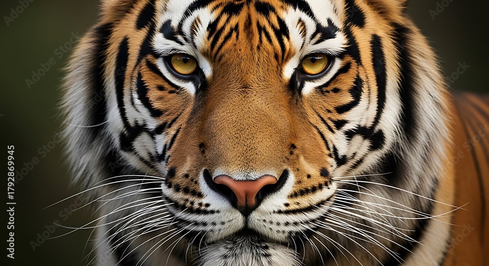 Obraz premium Intense gaze of a Bengal tiger up close, showcasing its striking orange and black stripes and piercing yellow eyes, perfect for wildlife documentaries