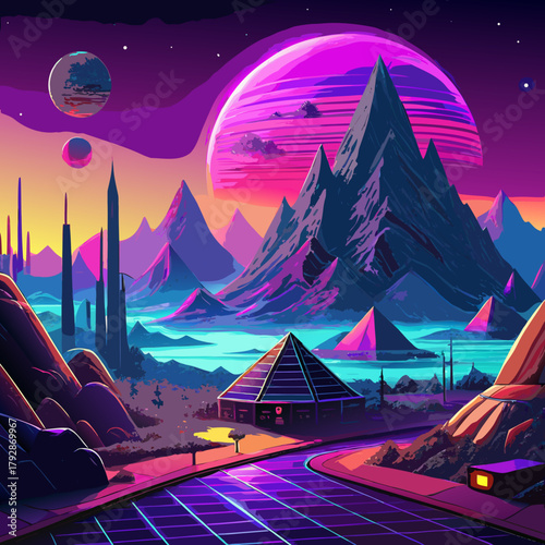 Vibrant retrofuturistic alien landscape with pyramids and planets